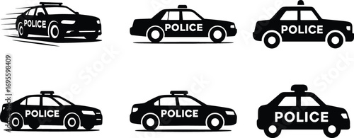 Six distinct police car silhouettes for law enforcement and security themed designs silhouette