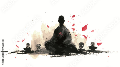 A meditative figure sits in a tranquil pose, radiating calmness while three glowing orbs are placed nearby, surrounded by soft falling petals.