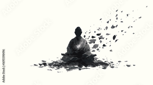 A serene figure sits in a meditative pose, radiating calmness. Surrounding the figure are fragmented shapes that suggest transformation and introspection.