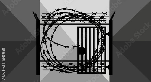Abstract representation of confinement with barbed wire and locked gates symbolizing restriction