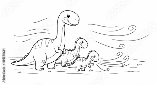Adorable cartoon family of dinosaurs walking together on a windy day for children illustrations