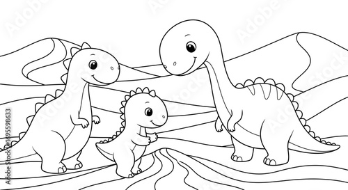 Adorable Dinosaur Family Coloring Page: A Trio of Cute Dinosaurs in a Simple Landscape