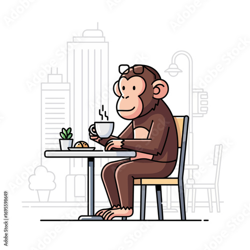 A cartoon monkey sits at a table outside a cafe, enjoying a cup of coffee and a pastry.