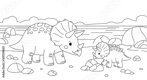 Adorable triceratops family coloring page with a landscape background offering creative fun