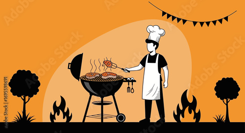 Barbecue themed design showcasing a chef grilling outdoors in a simple vibrant style design