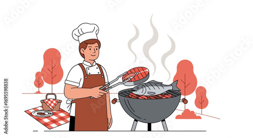 Chef Cooking Fish and Steak on Grill at Picnic in Park with Trees Illustration
