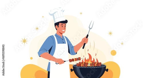 Cheerful chef grilling shish kebabs on a barbecue, perfect for summer cooking scenes and outdoor