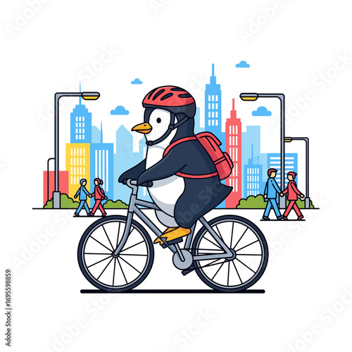 A cartoon penguin wearing a red helmet and backpack rides a bicycle through a vibrant city street with a skyline and pedestrians in the background.