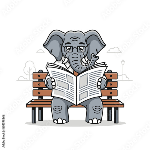 An illustrated elephant wearing glasses, sitting on a park bench, reading a newspaper.