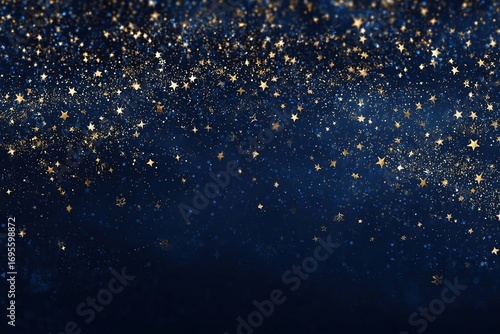 Festive Gold Glitter and Star Scatter, Deep Navy Blue Background, Enchanting Celebratory Theme, Open Space for Christmas or New Year.