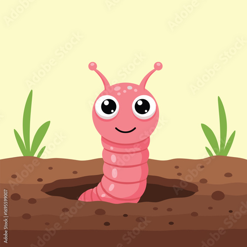 Cute pink cartoon worm smiling in a hole, perfect for kids' books or educational resources online