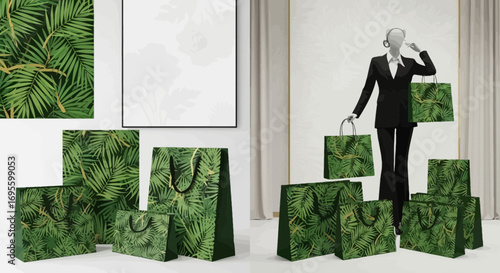 Elegant shopping bags featuring a tropical leaf pattern for retail and brand promotion
