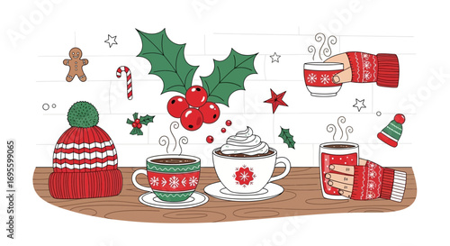 Festive and cozy christmas illustration featuring holiday drinks and decorations on a table