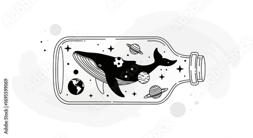 Enigmatic Ocean in a Bottle: A Whale's Journey Through Starry Cosmos and Glassy Confinement