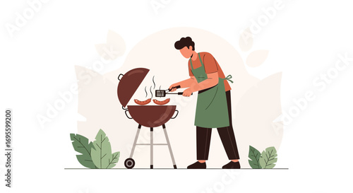 Illustration of a man grilling sausages on a barbecue enjoying outdoor cooking scene