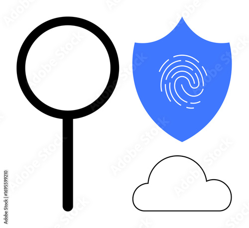 Magnifying glass, shield with fingerprint, and cloud emphasize digital security, data privacy, and cloud storage. Ideal for cybersecurity, research, data protection, investigation tools cloud