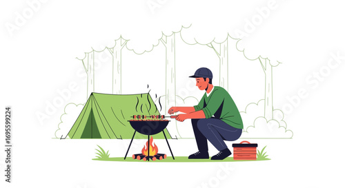 Illustration of a man grilling skewers at a campsite with a tent and trees background evokes