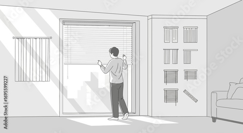 Illustration of a person adjusting window blinds in a modern interior setting with sunlight