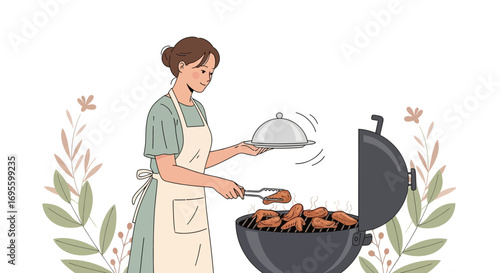 Illustration of a woman grilling chicken wings on a barbecue grill at home background
