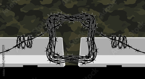 Illustration of barbed wire fence on a concrete barrier against camouflage background showcasing