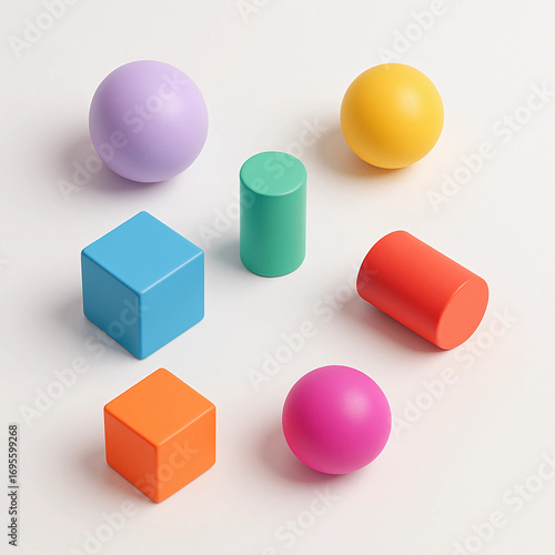 Vibrant 3D shapes collection with spheres, cubes and cylinders, abstract geometric elements for education, design, and digital graphics.
