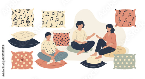 Illustrative depiction of friends relaxing and chatting comfortably on decorative pillows