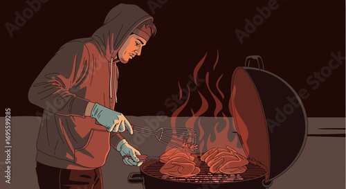 Illustrative depiction of a man grilling chicken on a barbecue with fire flames background