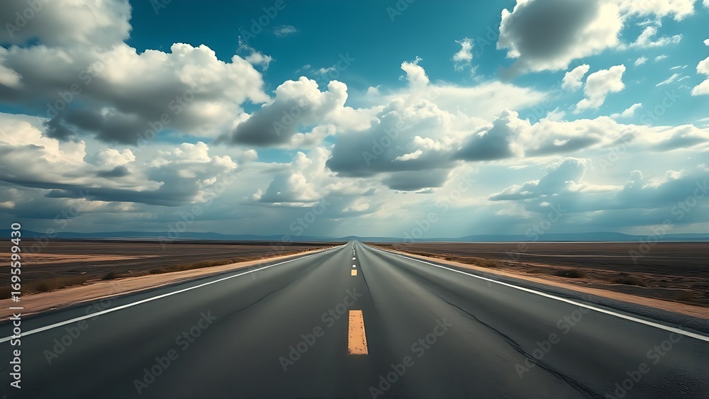 Fototapeta premium Panoramic view of an empty road under cloudy skies, capturing a serene and open landscape.