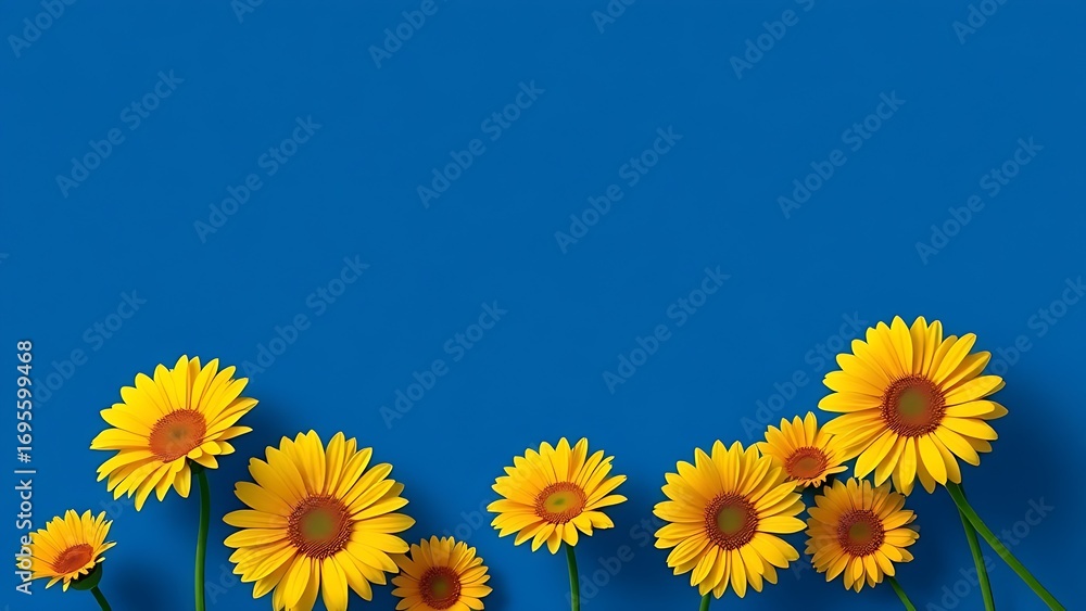 Fototapeta premium Vibrant yellow gerbera daisies arranged in geometric pattern against deep blue background.