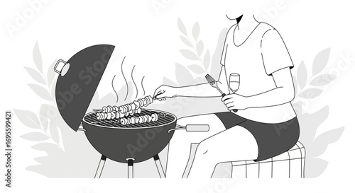 Monochrome illustration showcasing a person grilling food while enjoying a glass of wine in a