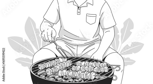 Monochrome illustration of a person grilling skewers on a barbecue in an outdoor setting