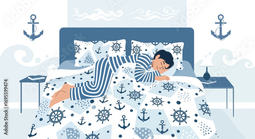 Nautical themed bedroom illustration with sleeping person in pajamas and anchor decor a peaceful