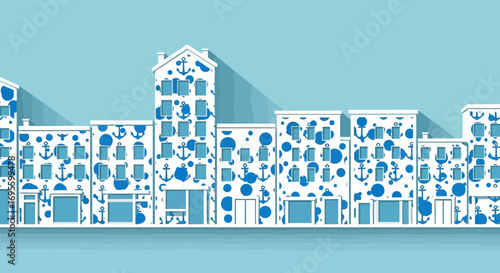 Nautical themed city skyline illustration with anchors and dots on buildings for travel and design