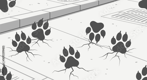 Mysterious paw prints on cracked pavement, hinting at a creature of unknown origin
