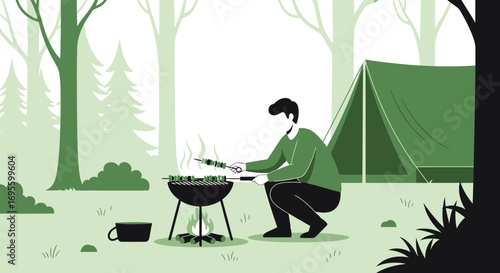 Serene camping scene of a man grilling skewers next to a tent in a forest