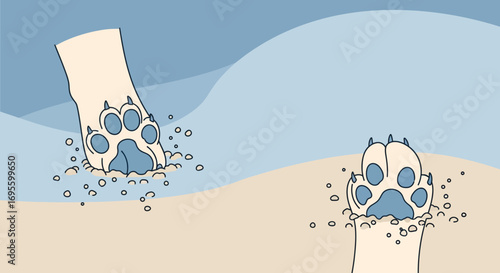 Stylized illustration featuring two cartoon dog paws in sandy area with light blue background