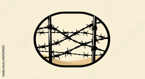 Stylized barbed wire illustration within an oval frame evoking confinement and restriction
