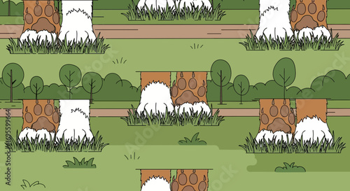 Stylized park scene featuring animal legs disguised as trees, creating a whimsical and