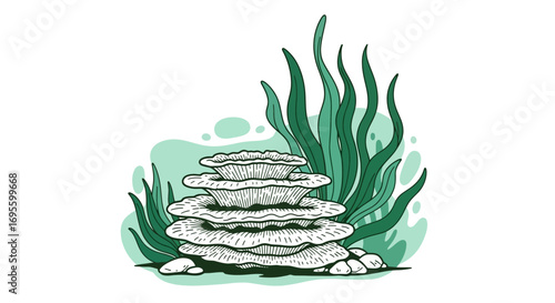 Stylized sea coral formation illustration with seaweed creating a beautiful underwater scenery