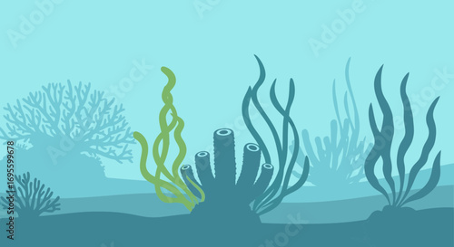 Stylized underwater scene with coral reefs and sea plants providing a tranquil seascape