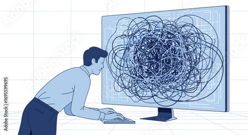 Tangled lines on computer screen illustrate complex problems facing a software developer