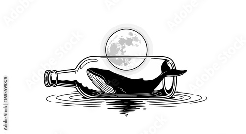 Whale inside a bottle floating in water with the moon in the background graphic art design