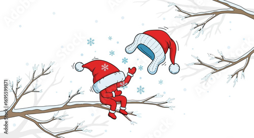 Whimsical winter illustration of Santa figures on snowy tree branches playfully tossing hats