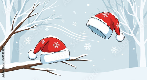 Whimsical Winter Scene with Santa Hats in a Snowy Landscape Cartoon Illustration