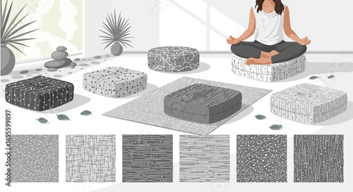 Woman meditating on cushions demonstrating textile pattern options for home decor ideas