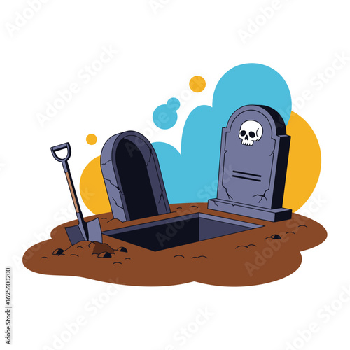 Spooky scene with open grave, tombstones, and shovel ready for burial or Halloween fun