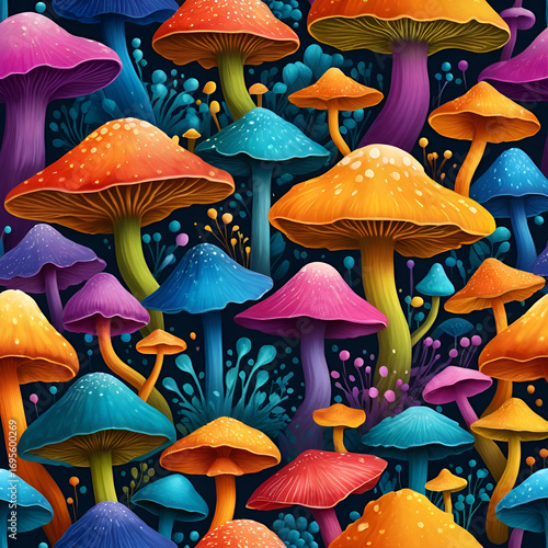 Splashes of vivid pigments collide and meld together, forming a mesmerizing symphony of colors that ignites the scene with an intense burst of vibrancy. Fungal Symphony. Illustration