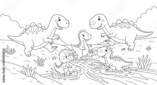 Adorable dinosaurs coloring page engaging cute dinosaurs playing in a river with detailed landscape