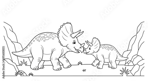 Adorable triceratops family illustration with parent and child in a prehistoric scenery
