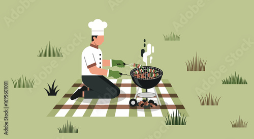 Chef preparing delicious shish kebabs on a barbecue grill in a grassy outdoor setting